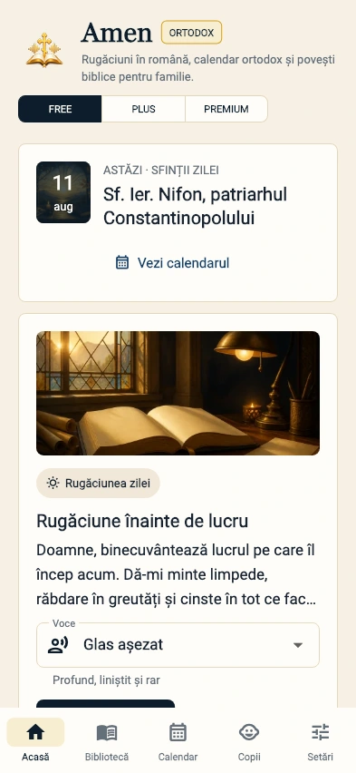Ecranul Acasă din Amen: calendar, rugăciunea zilei și alegerea vocii