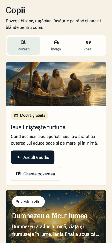 Secțiunea Copii din Amen, cu povestea Isus liniștește furtuna și opțiunile de ascultare și lectură
